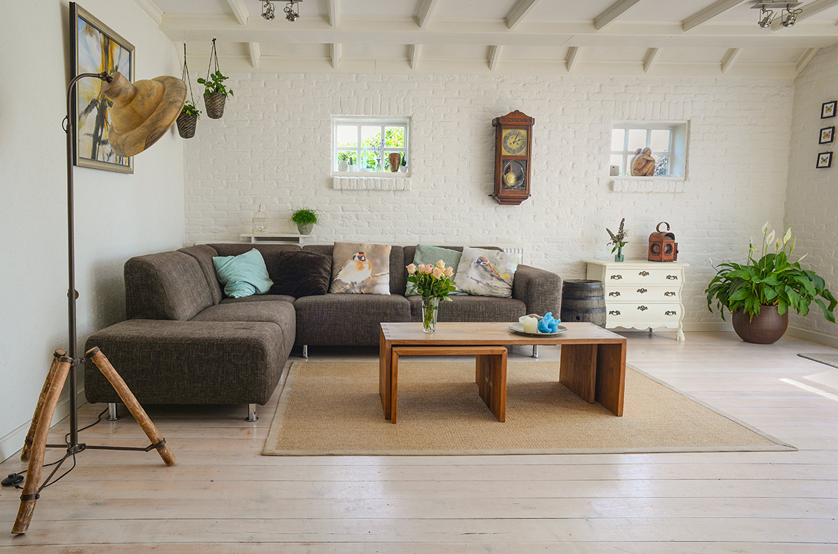 Interior living room of a lake front rental home with an eclectic but spacious style.