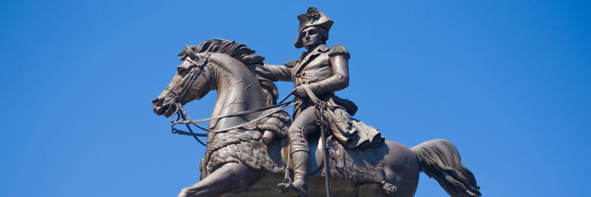 George Washington Statue against blue sky in Richmond, Virginia.